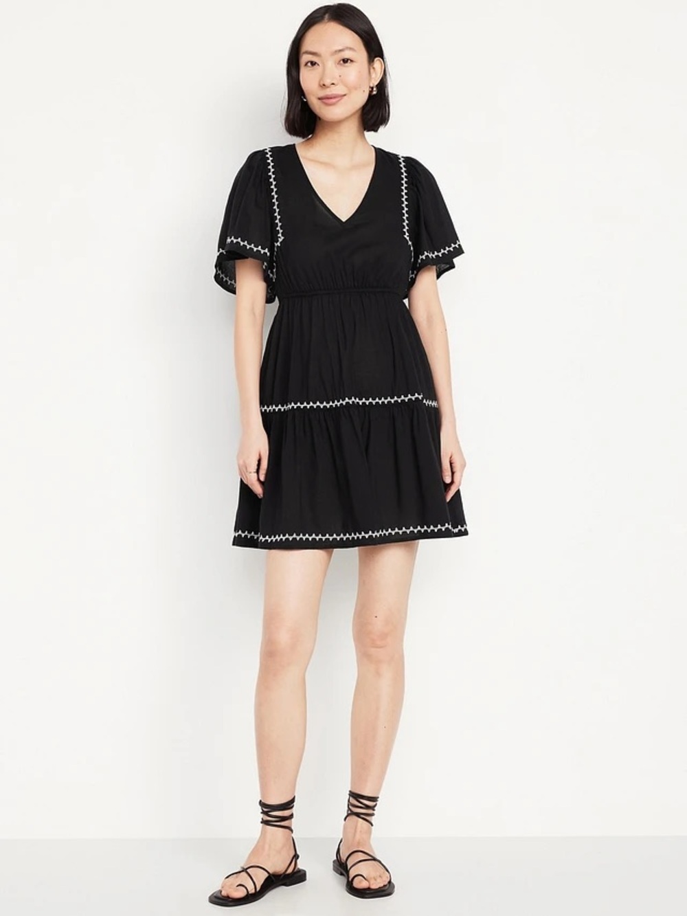 Old Navy Black Waist-Defined Embroidered Mini Dress